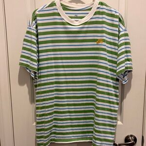 Nike Men's Green and White Striped Tee